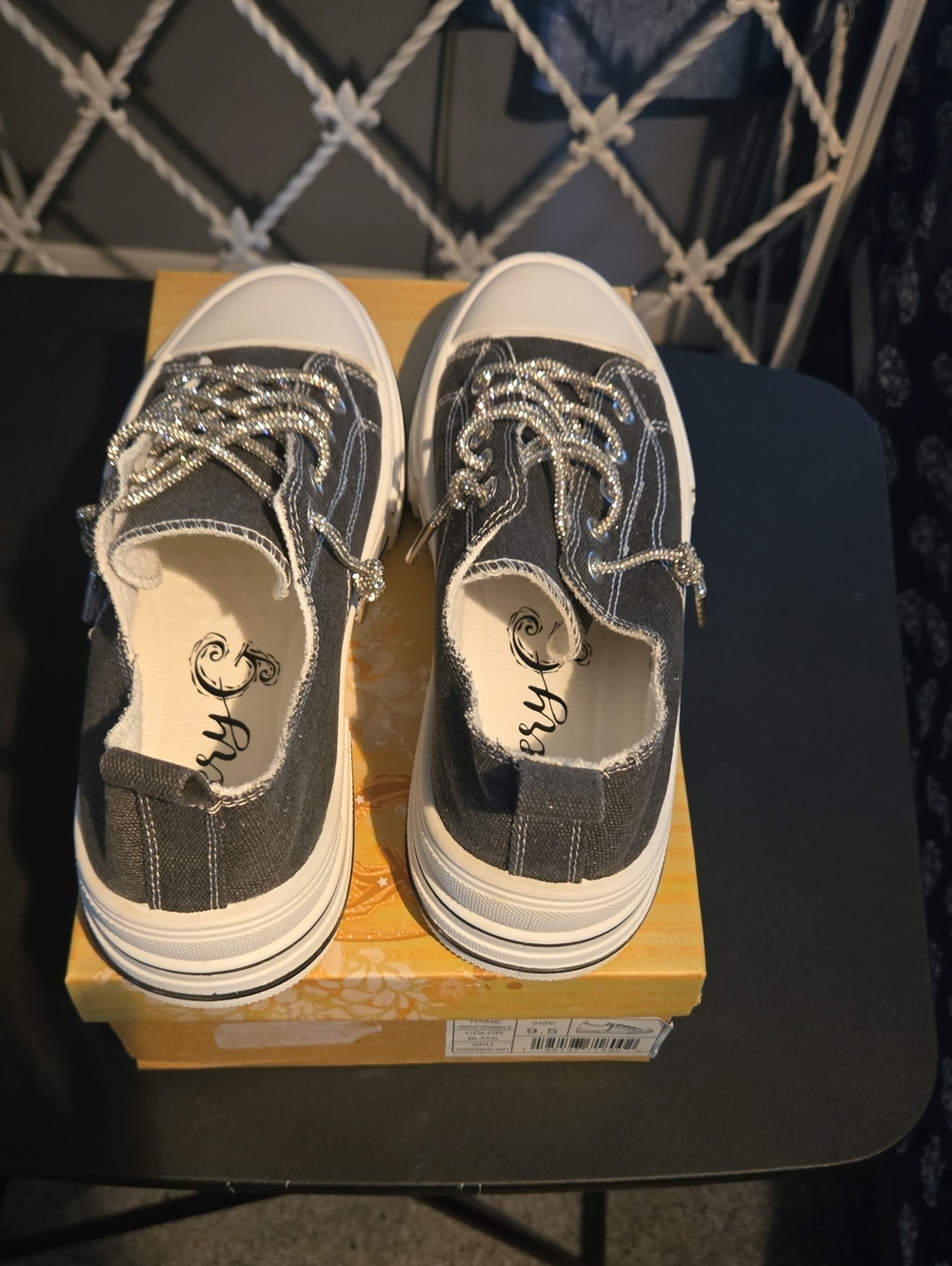 Womens Casual Gray Canvas Sneakers with Glitter Laces